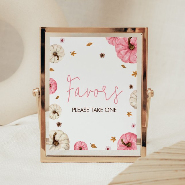 Póster Caída Rosa Pequeña Calabaza Baby Shower Favores (Girl Fall Pumpkin Baby Shower Favors Sign)