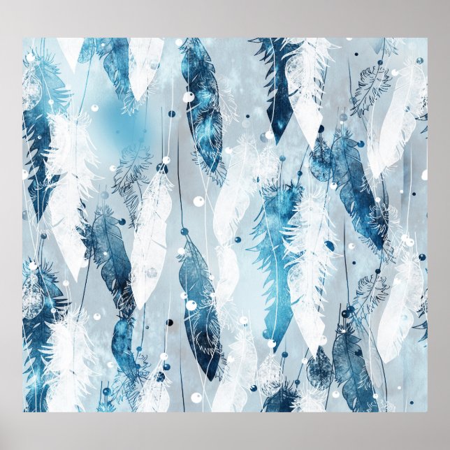 Póster Caídas de plumas: Blue Watercolor Seamless (Frente)