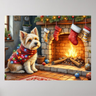 Póster Cairn Terrier Sentado Luces de Navidad Chimenea