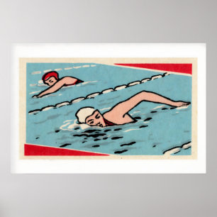 Póster Caja de cerillas vintage azul rojo blanco piscina