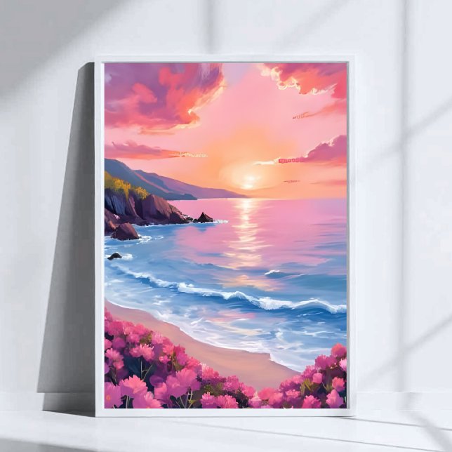 Póster Cala de Flores | Floral Acuarela Océano Rosa (Subido por el creador)