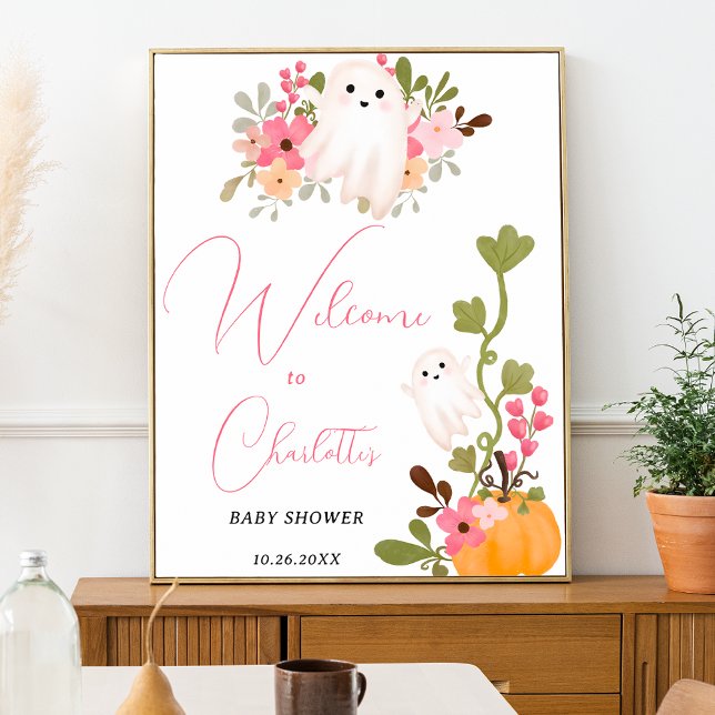 Póster Calabaza blanca floral suave bienvenida bebé ducha (Cute floral ghost pumpkin welcome baby shower poster)
