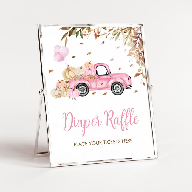Póster Calabaza Camión Rosado Diaper Raffle Baby Shower (Little Pumpkin Pink Truck Baby Shower Diaper Raffle Sign)