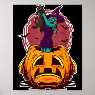 Póster Calabaza de bruja gato negro y brujo espeluznante