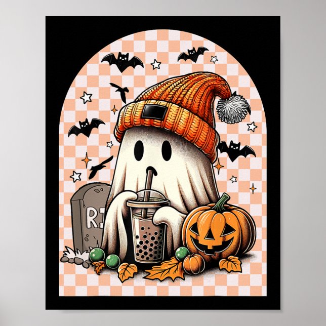 Póster Calabaza de café de bebida ghost de Halloween retr (Frente)