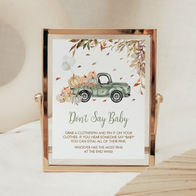 Póster Calabaza de camión verde no dice Baby Shower bebé (Little Pumpkin Green Truck Baby Shower Don't Say Baby Sign)