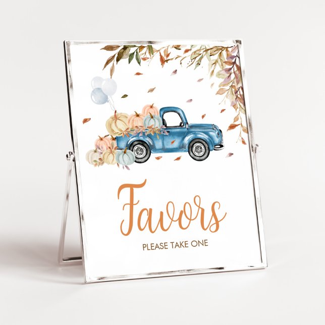 Póster Calabaza de camiones azules favorece a Baby Shower (Boy Little Pumpkin Truck Baby Shower Favors Sign)