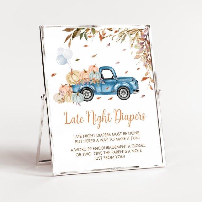 Póster Calabaza de camionetas azules para la noche de los (Boy Little Pumpkin Truck Baby Shower Late Night Diapers Sign)