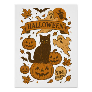 Póster Calabaza de gato negro de Halloween, retro espeluz