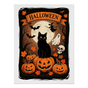 Póster Calabaza de gato negro vintage Festejó Halloween P
