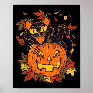 Póster Calabaza de gato negro vintage Halloween espeluzna