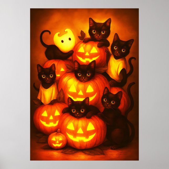 Póster Calabaza de Halloween brillante con gato negro lin (Frente)