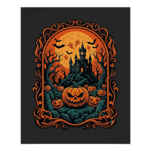 Póster Calabaza de Halloween Casa Embrujada Luna Llena Mu