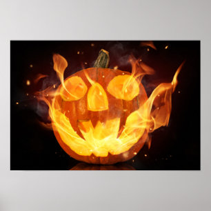 Póster Calabaza de Halloween con llamas de fuego