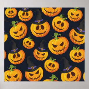 Póster Calabaza de Halloween: Patrón de Brujas Vintage
