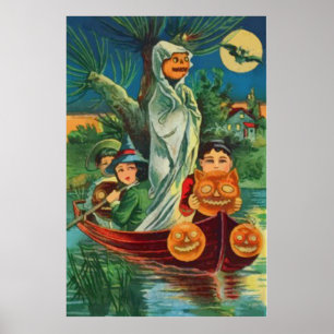Póster Calabaza de Jack Fantasma Búho Luna Llena