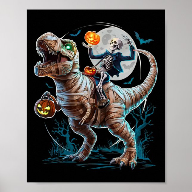 Póster Calabaza de Momia Montando Esqueleto T Rex Dinosau (Frente)