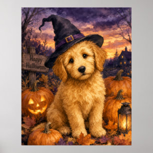 Póster Calabaza de sombrero de bruja Goldendoodle