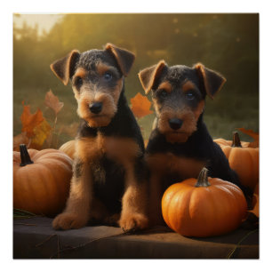 Póster Calabaza deslumbrante Airedale Puppy Autumn