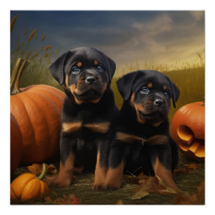 Póster Calabaza deslumbrante Rottweiler Puppy Autumn