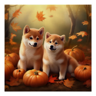 Póster Calabaza deslumbrante Shiba Inu Puppy Otoño