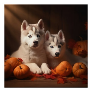 Póster Calabaza deslumbrante siberiana Husky Puppy otoño