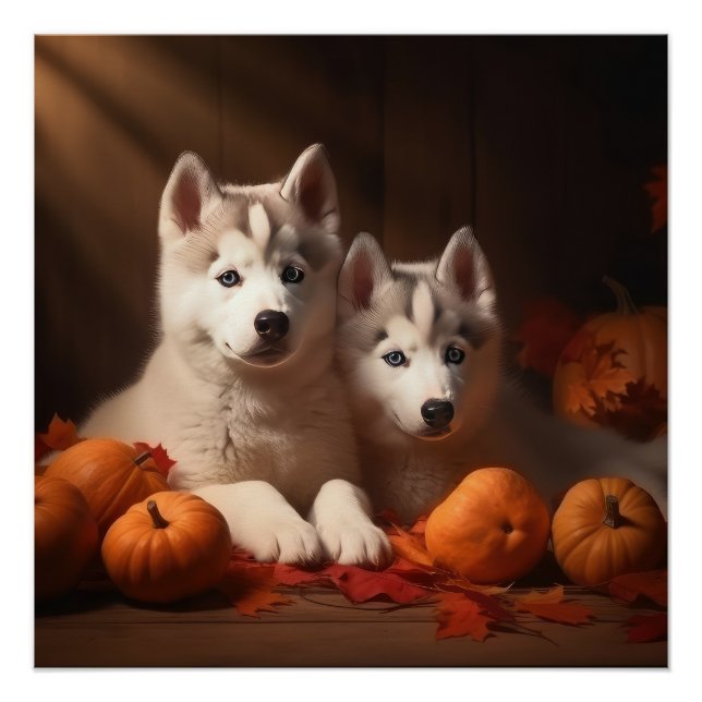 Póster Calabaza deslumbrante siberiana Husky Puppy otoño (Anverso)