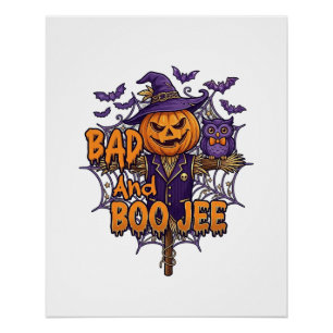Póster Calabaza Espantapájaros Búho Morado Murciélagos Ma