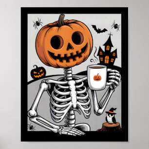Póster Calabaza Esqueleto Bebiendo Café Hombres Mujeres H