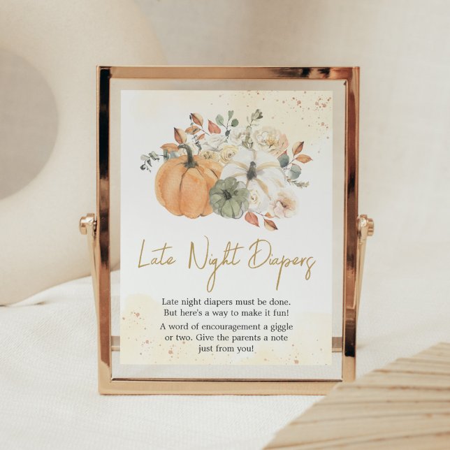 Póster Calabaza floral otoñal Calabaza nocturna tardía (A Little Pumpkin Baby Shower Late Night Diapers Sign)