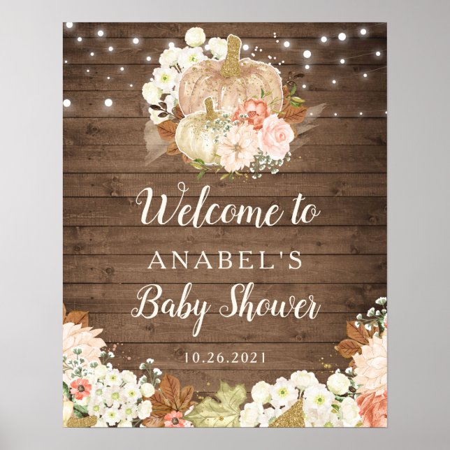 Póster Calabaza floral Rustic Wood Bienvenidos a Baby Sho (Frente)