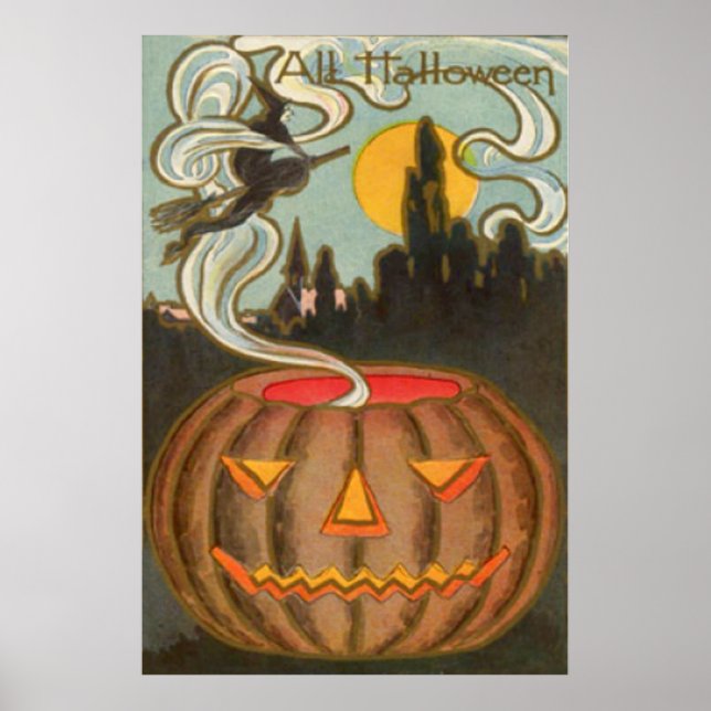 Póster Calabaza Jack O Lantern Bruja Luna llena (Frente)