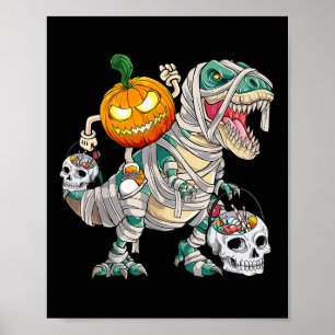 Póster Calabaza montando momia dinosaurio T rex Halloween
