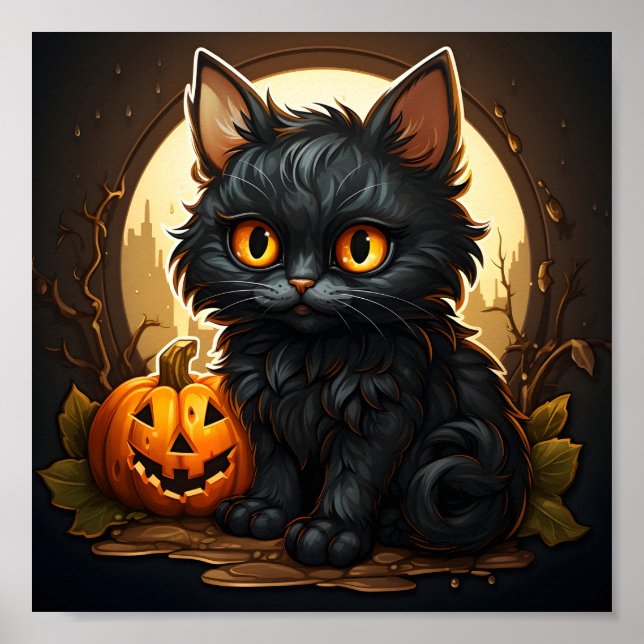 Póster Calabaza Naranja de Halloween con gato negro retro (Frente)