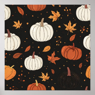 Póster Calabaza negra y patrón de hojas en mosaico