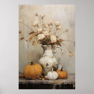 Póster Calabaza otoñal y pintura de la vida con vegetació