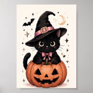 Póster Calabaza Parche de Sombrero de Bruja Gato Negro