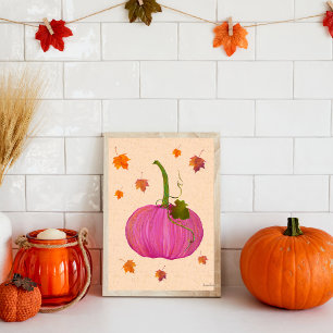 Póster Calabaza rosa hojas otoñales