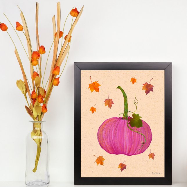 Póster Calabaza rosa hojas otoñales (Pretty Pink Pumpkin with fall leaves in watercolor.)