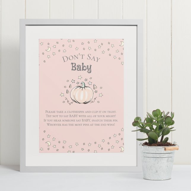 Póster Calabaza rosa linda: No digas juego de Baby Shower (Cute & Whimsical Fall Baby Shower Game Poster. Frame Not Included. Hand-Drawn Pumpkin in Black Ink.)
