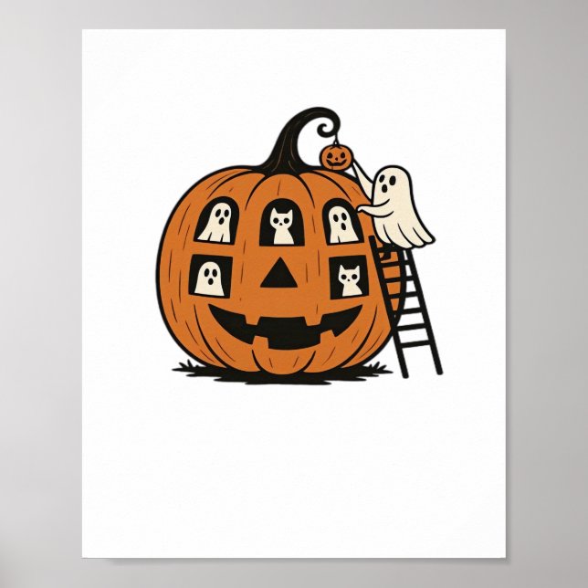Póster Calabaza temblorosa con fantasmas, gatos y hallo (Frente)