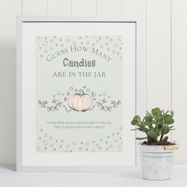 Póster Calabaza verde: ¿Cuántos juegos de Baby Shower par (Elegant & Whimsical Fall Baby Shower Game Poster. Frame Not Included. Hand-Drawn Pumpkin Drawing.)