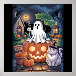 Póster Calabazas a la venta & Fantasma con cafeína y gato