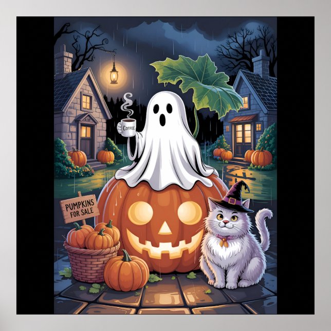 Póster Calabazas a la venta & Fantasma con cafeína y gato (Frente)