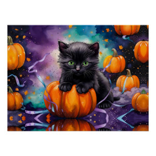 Póster Calabazas de gatito negro y cinta de opciones