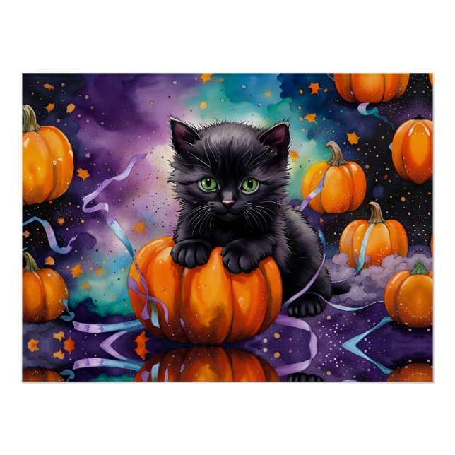 Póster Calabazas de gatito negro y cinta de opciones (Anverso)