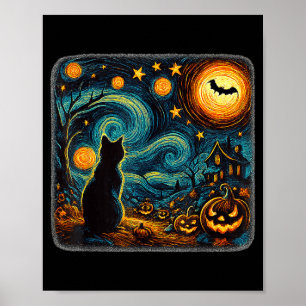Póster Calabazas de Gato Negro Noche Estrellada de Hallow