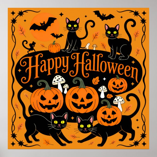 Póster Calabazas de gatos negros y murciélagos Feliz Hall (Frente)