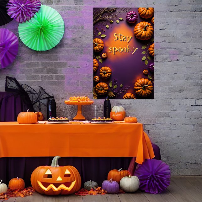 Póster Calabazas de Halloween (Halloween poster with pumpkins on purple and orange background ready to be customized.)