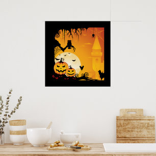 Póster Calabazas de Halloween aterradoras y luna llena